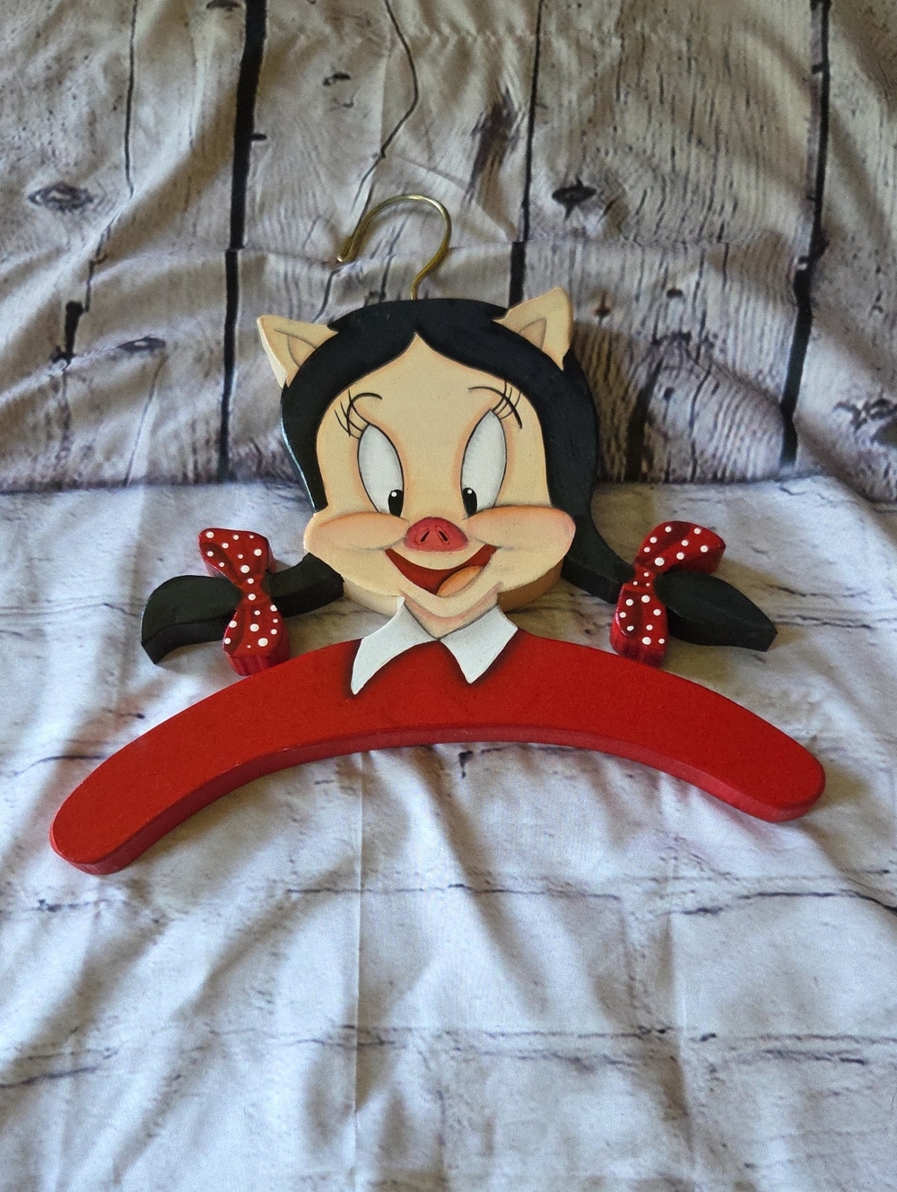 Cute Petunia Pig Wooden Kids Hanger in Red. Vintage